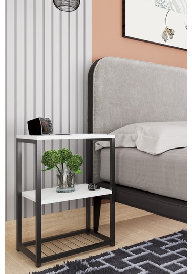 Metal Ayaklı Ve Ahşap Raflı Dekoratif Komodin Beyaz Beyaz