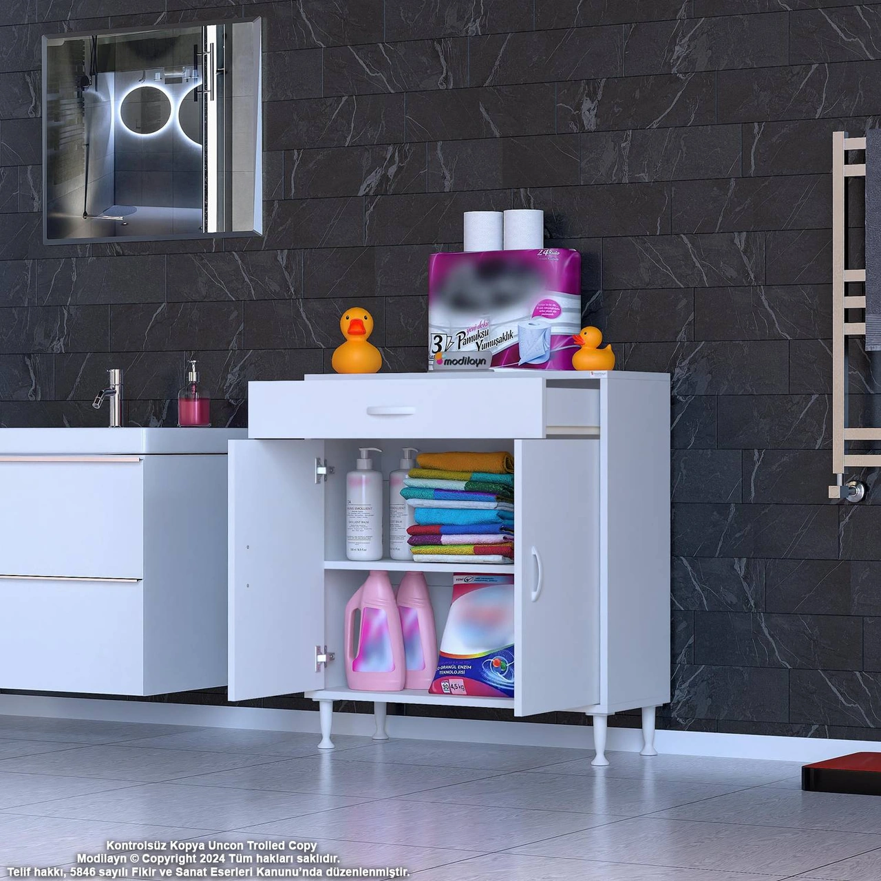 Mira Banyo Ve Mutfak Dolabı Çok Amaçlı Dolap Tek Çekmece 2 Kapak 1 Raf 2 Bölme 75x88x32,5 Cm Beyaz