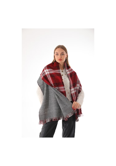 Çift Taraflı Yumuşak Dokulu Bordo Siyah Şal Atkı Bordo - Siyah