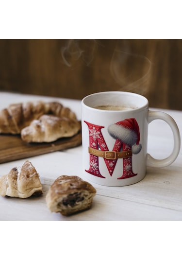 M Harfi Yılbaşı Temalı Bardak 330 Ml Harfli Kişiye Özel Hediye - Yeniyıl / Noel Şapka Tasarım Beyaz