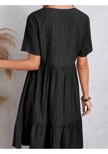 Kadın Kısa Kollu V Yakalı Fırfırlı Bürümcük Elbise Siyah