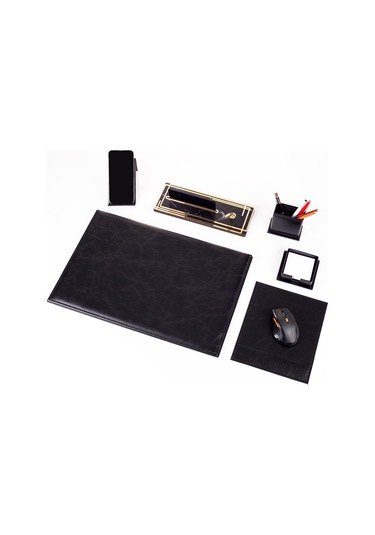 Hera Siyah Deri Sümen Takımı Gold Mermer Desen Ahşap İsme Özel Masa İsimliği İsimlik Seti