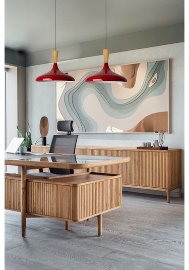 Champion Kırmızı Ahşap Huni Tekli Avize Sarkıt Salon Mutfak Cafe Butik Lamba Aydınlatma Avizeler Kırmızı