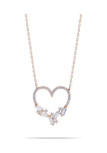 Kadın Zirkon ve Baget Taşlı Kalpli Rose Gümüş Kolye Dgn20723