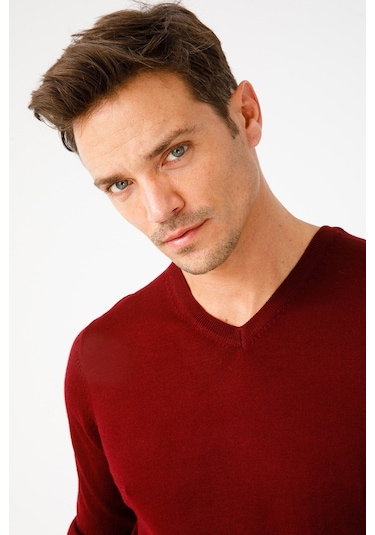 Desen Triko Erkek Basic V Yaka İnce Triko Kazak 02421602 Bordo