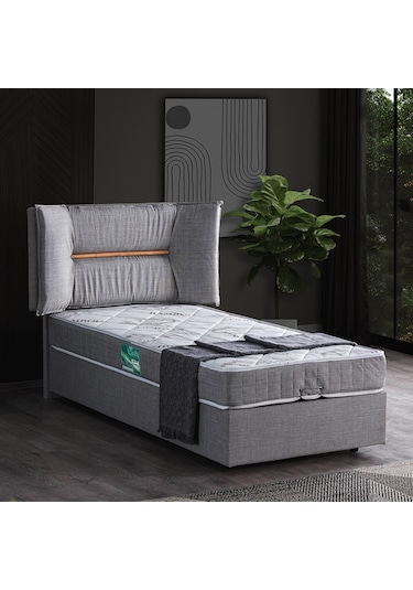 Setaymobilya Baza, Lizbon Tek Kişilik Baza + Başlık + Comfort Yatak, Gri