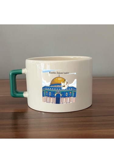 Kudüs İslam'ındır Baskılı Yeşil Kulplu C Fincan