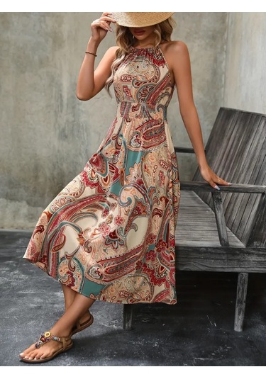 Kadın Boyundan Bağlamalı Lastikli Desenli Kolsuz Süpremuzunelbise