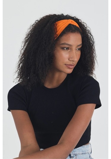 Siyah Kısa Kol Bisiklet Yaka Vücuda Oturan Kaşkorse Crop + Bandana Set %100 Pamumklu, Esnek Rahat Siyah-Turuncu