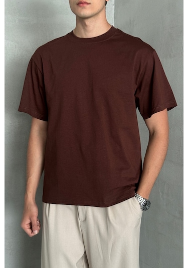 Hyman Erkek %100 Pamuk Oversize Basic T-shirt Koyu Kahve