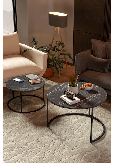 Orta Sehpa Bade İkili Lüx Yan Sehpa Masa Bendir Siyah