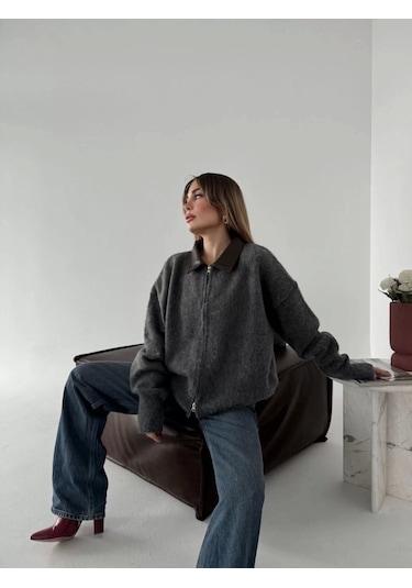 Deri Yakalı Pamuk Dokulu Çift Taraflı Çalışan Fermuar Ceket - Füme Füme
