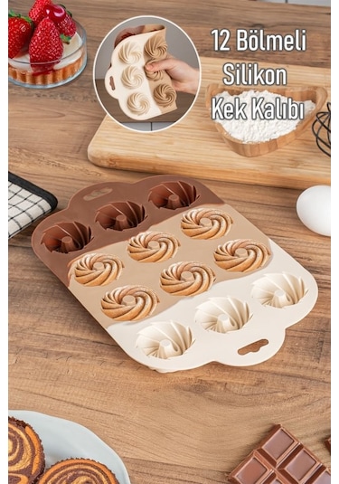 Porsima 185 12'li Silikon Kurabiye Tatlı Kalıbı, Silikon Kalıp Seti, Mini Kek Kalıbı, Çikolata Pişirme Kalıp Açık Kahverengi