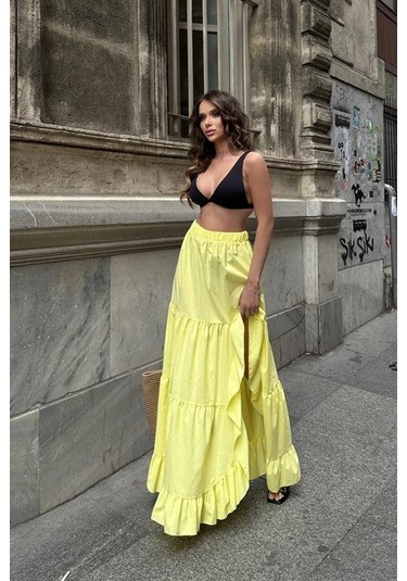 Audrey Fıfrlı Yırtmaç Detay Etek 4037 Sarı