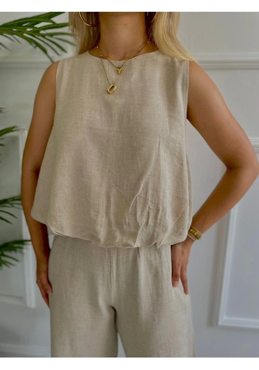 Kadın Eteği Balon Dar Kemerli Keten İkili Takım Bej