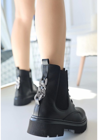 Harte Siyah Cilt Bağcıklı Bot Siyah