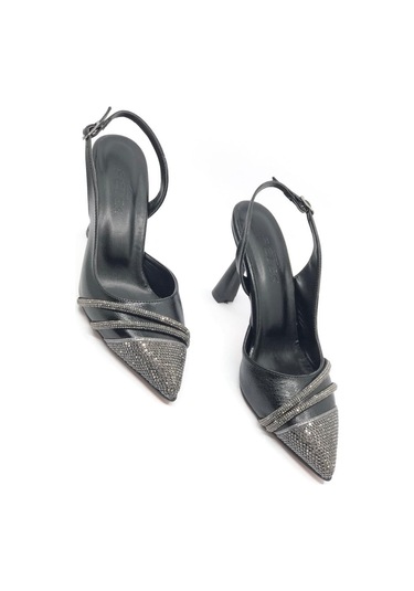 Feles Şerit Taşlı Stiletto Abiye Kadın Topuklu Ayakkabı Siyah