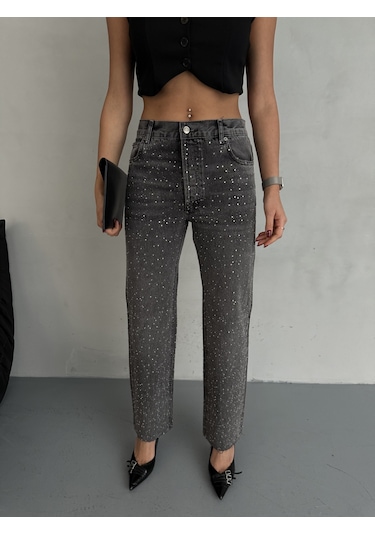 Kadın Taşlı Premium Gri Kot Pantolon Gri