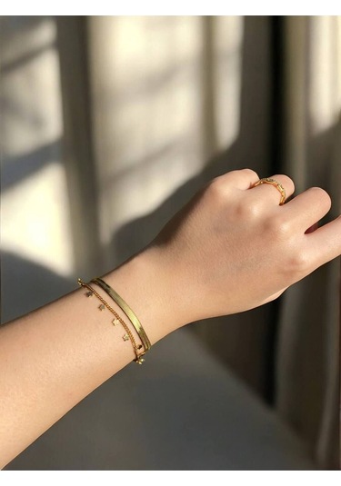 Yıldız Detaylı İtalyan Zincirli Çift Sıra Kadın Bileklik Altın