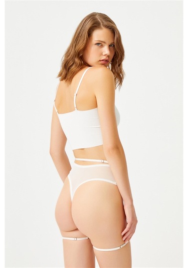 Krem Ayarlanabilir Taş Detaylı Tanga Külotlu Kadın Jartiyer Krem