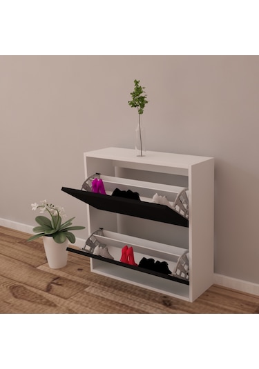 Moonlife 2 Kapaklı Kayar Raflı Ayakkabılık Siyah