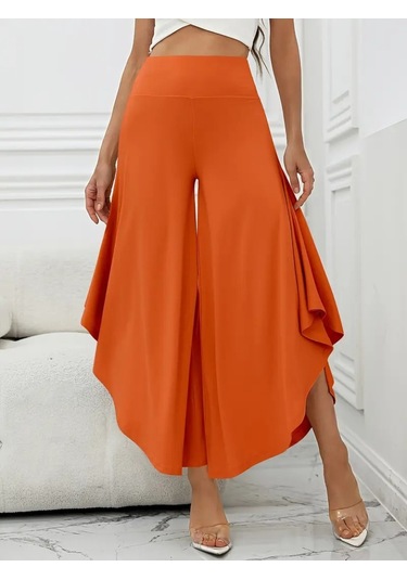 Kadın Yüksek Belli Geniş Paçalı Yanlardan Açık Sandy Pantolon Turuncu