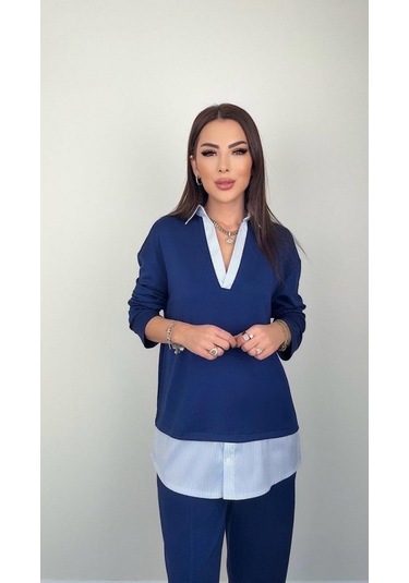 Polo Yaka Gömlekl Detay Salaş Balon Pantolunlu Ikılı Takım mavi