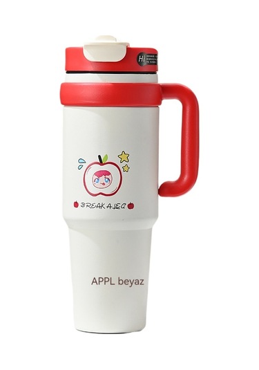 Jian Fan Termos Kupası Kız Çocuk Büyük Kapasiteli Buz Bardağı Hasır Bardak - Kırmızı Kırmızı