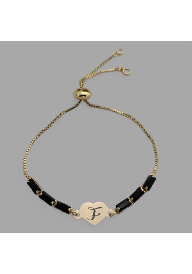 Archin F Harfine Özel Kalp Figürlü Siyah Taş Desenli 14 Ayar Altın Plakalı Hediye Bileklik-351harf F