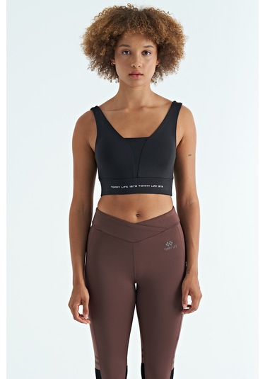 Tommy Life Siyah Yazı Baskılı Renk Bloklu Dar Kalıp Dalgıç Kumaş Kadın Büstiyer - 97271 Siyah