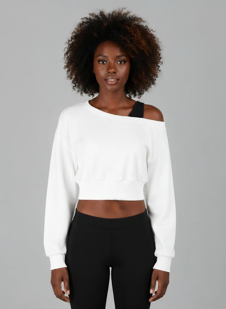 Askılı Modern Basic Omuzu Açık Beyaz Sweatshirt Reglan Kol Kesim Beyaz