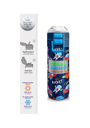Coral High Kids Lacivert Mavi Uzay Desenli Pipetli Ve Direkt İçim Çelik Termos 500 Ml 31917 Lacivert - Mavi