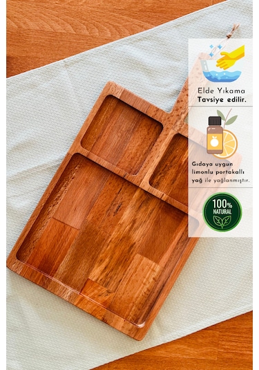 Neper Doğal Ahşap Saplı Kayın Ağacı 3 Bölmeli Sunum Tabağı 47x26