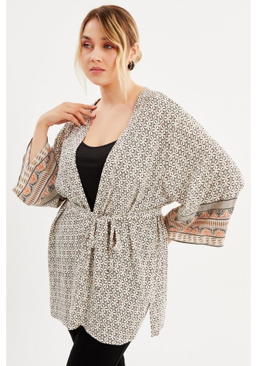 Desenli Kemer Detaylı Kimono - Krem