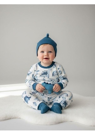 Zekids Erkek Bebek Pamuklu Dinazor Desenli Pijama Takımı-16268 Mavi