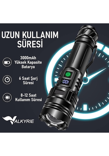 Valkyrie Profesyonel Şarjlı Led El Feneri Güçlü Avcı Feneri, Uzun Pil Ömrü, Dayanıklı Tasarımavcı Feneri Siyah