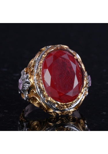 Erkekler İçin Yapay Taş Yüzük - Sultan Yüzük - El Yapımı 925 Ayar Gümüş Yüzük - Kırmızı Paraiba Yüzük Gümüş