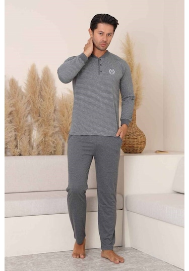 Alimer Erkek 3 Düğmeli Çizgili Desen %100 Pamuk Uzun Manşetli Kol Cepli Pijama Takımı Antrasit
