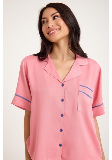 Dream Pembe Viskon Kısa Kollu Şortlu Önden Düğmeli Pijama Takım Pembe