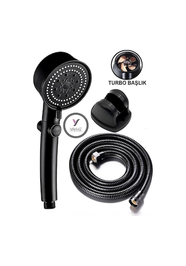 Yayke Turbo Pervaneli 5 Fonksiyonlu Duş Başlığı Siyah Duş Seti Siyah