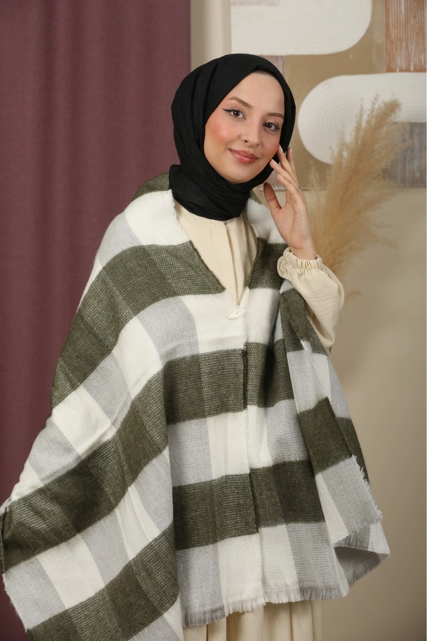 Çift Taraflı Çizgili Kışlık Omuz Şalı Yeşil - Beyaz