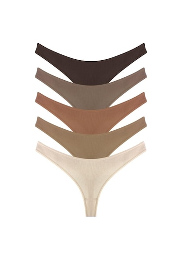 Kadın Pamuklu Ve Likrali Fitilli Kaşkorse Tanga Külot 5'li Paket-2 Renkli-2 Çok Renkli