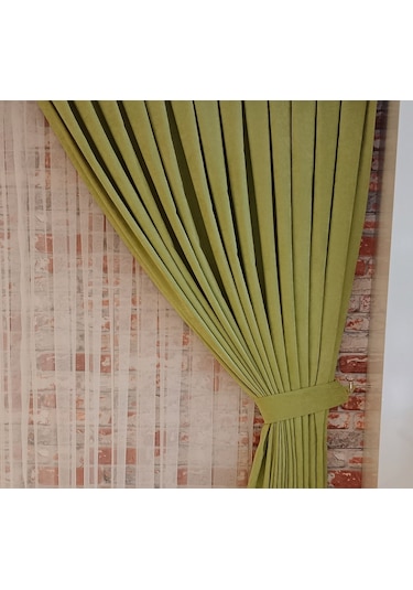 Fıstık Yeşili Renk Fon Kadife Perde Çift Kanat 1/3 Sık Pileli Dikim V-19 Fıstık Yeşili