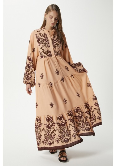 Modest Rosabella Pudra Kadın %100 Viskon Maksi Boy Katlı Balon Kol Uzun Yazlık Elbise Pudrasiyah