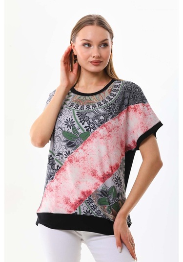 Büşra Triko Kadın Desenli Kısa Kol Penye Bluz 19288 Siyah
