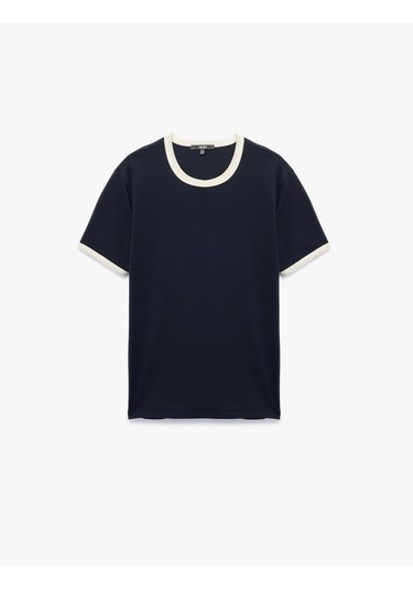 Koton Kısa Kollu Bisiklet Yaka Renk Kontrastlı Pamuklu Slim Fit Tişört Lacivert 6wam10098hk Lacivert