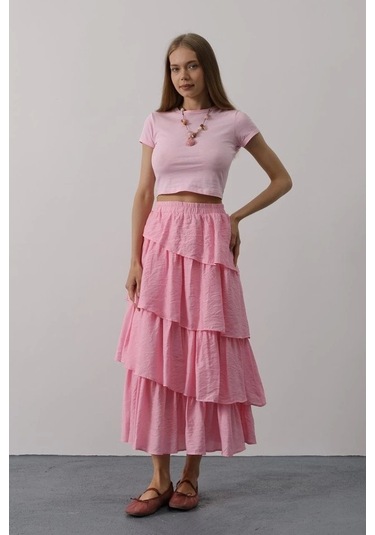 Katlı Kesim Uzun Etek - Pembe Pembe