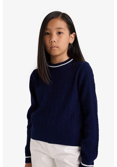 Defacto Kız Çocuk Okul Standart Fit Bisiklet Yaka Triko Kazak E7740a825aunv251 Lacivert