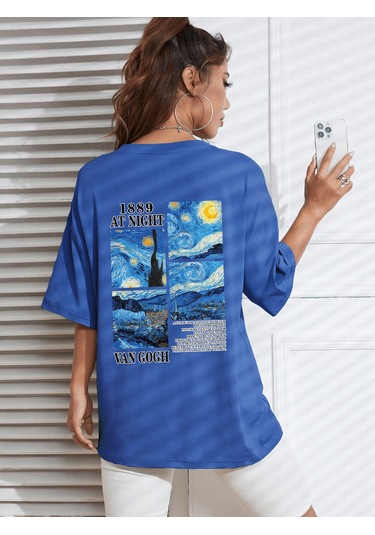 Van Gogh Baskılı Oversize Tshirt Mavi