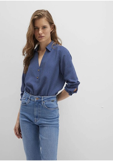 Mavi Çizgili Düğme Detaylı Lacivert Kadın Bluz M122400-80736 Lacivert